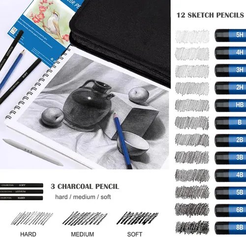 Vista 4 de 146 piezas de lápices de colores para dibujo y bocetos, suministros de arte incluyen lápices de carbón, coloreados, metálicos, acuarela, grafito