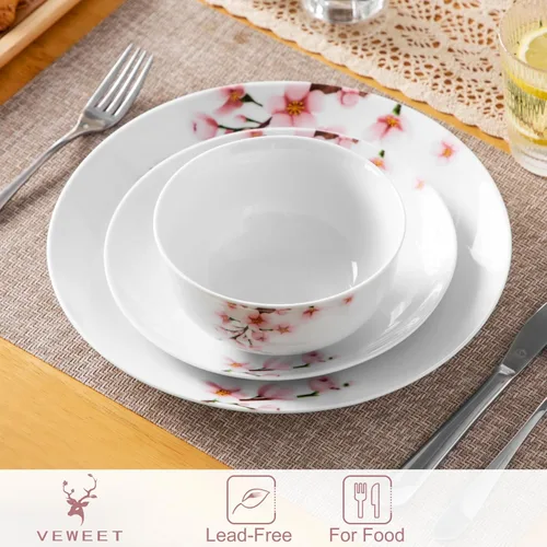 Vista 4 de VEWEET juego de vajilla de porcelana para 4, juego de 12 piezas con platos y cuencos con diseño floral rosa, juego de platos para la cocina ideal