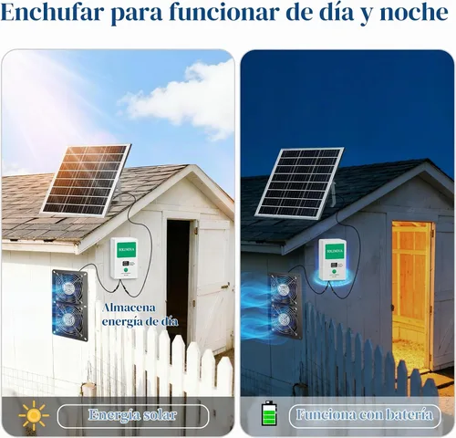 Vista 4 de Extractor solar, panel solar de 25 W y 2 ventiladores con batería de 7500 mAh, impermeable IP68, para gallinero, cobertizo, invernadero, casa