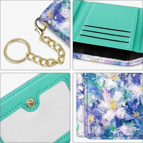 Vista 7 de Billetera triple para mujer, pequeña, delgada, con bloqueo RFID, bonito tarjetero de cuero con bolsillo largo para efectivo y llavero, Azul Flores
