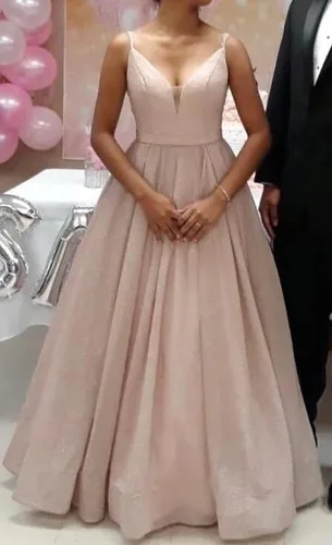 Vista 5 de Vestidos largos de graduación con purpurina, vestido de noche brillante con abertura, tirantes delgados, cuello en V, vestidos formales