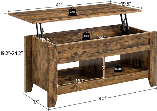 Vista 3 de Yaheetech Moderna mesa auxiliar elevable con almacenamiento oculto y 2 estantes abiertos para sala de estar, recepción, oficina, color marrón rústico