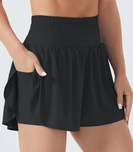 Vista 6 de Wjustforu Pantalones cortos de correr fluidos para mujer, para gimnasio, yoga, entrenamiento, pantalones cortos deportivos con pantalones cortos