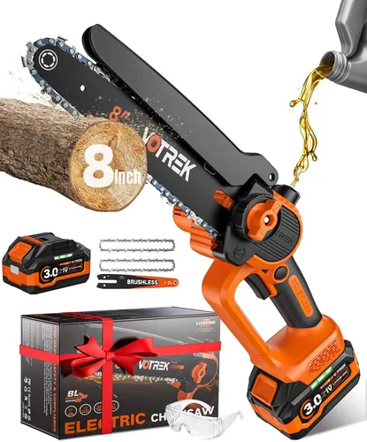 Vista 9 de Regalo único para hombres: Mini motosierra inalámbrica de 8 pulgadas y 6 pulgadas, potente y segura motosierra eléctrica de mano con 2