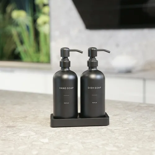 Vista 3 de Juego de dispensador de jabón negro mate Prus Waso, juego de dispensador de jabón de cocina con bomba de acero inoxidable negro, perfecto