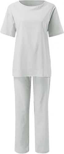 Vista 2 de Conjunto de 2 piezas para mujer, ropa de verano de lino de manga 34, holgada, color sólido, cordón ajustable, pierna ancha, pantalones largos
