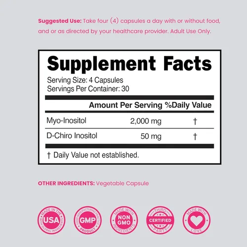 Vista 6 de Suplemento de Myo-Inositol y D-Chiro Inositol para Mujeres (120 Cápsulas, 2050mg por Porción, Relación Ideal 40:1 Myo Inositol) Equilibrio Hormonal