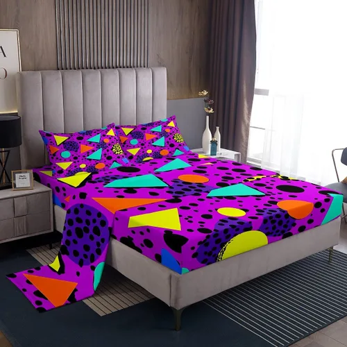Vista 27 de Erosebridal Juego de sábanas de estilo retro de los años 80, tamaño individual, diseño geométrico abstracto, diseño moderno urbano con círculos