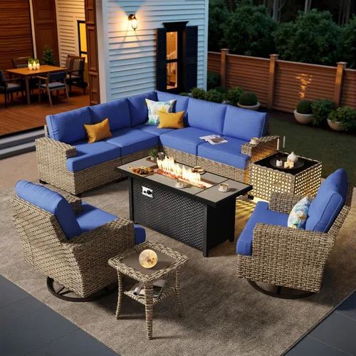 Vista 46 de HOOOWOOO Juego de muebles seccionales de patio con mesa de luz solar, 6 piezas de mimbre para exteriores, sofá en forma de L, juego de conversación