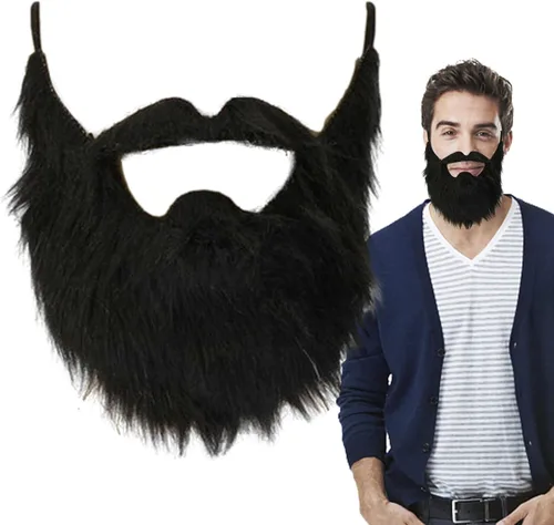 Vista 4 de AQWAL Barba falsa para fiesta, divertida barba falsa en la espalda, pelo facial bigote, barba falsa de cabello negro, peluca de bigote de barba