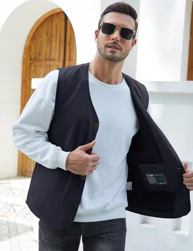 Vista 2 de Gihuo Chaleco de viaje para hombre, casual, con múltiples bolsillos, cuello en V, con botones, de algodón, chaleco de trabajo