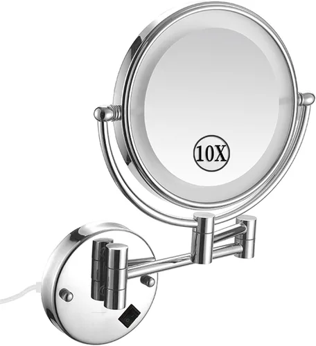 Vista 20 de KEYQEEN Espejo de maquillaje LED con luces, espejo de aumento de doble cara 1X/10X, espejo de aumento negro cableado montado en la pared giratorio