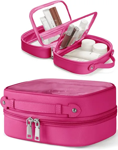 Vista 13 de Bolsa de Cosméticos Transparente de Doble Capa Bolsa de Artículos de Tocador de Viaje Estuche de Maquillaje Transparente con 4 Compartimentos, Bolsa
