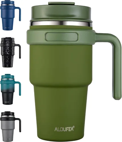 Vista 26 de Taza de café aislada de 20 onzas con asa, vaso de viaje de acero inoxidable con tapa y popote, taza térmica de doble pared al vacío a prueba de Negro
