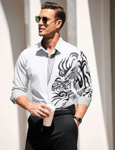 Vista 2 de COOFANDY Camisa de vestir con botones y estampado para hombre, camisas casuales de manga larga