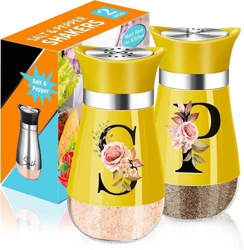 Vista 5 de Juego de salero y piminero, decoración de cocina negra de 4 oz, dispensador de especias clásico de acero inoxidable y vidrio, diseño recargable