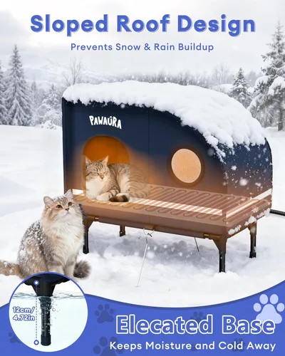 Vista 6 de Casa climatizada para gatos resistente a la intemperie para gatos al aire libre, refugio grueso estilo cámper con almohadilla térmica termostática