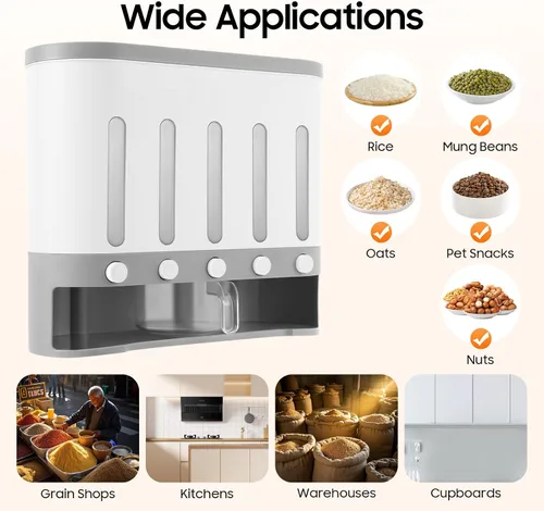 Vista 7 de Dispensador de arroz con taza, dispensador de alimentos secos de 5 rejillas montado en la pared, cubo de arroz, contenedor de almacenamiento