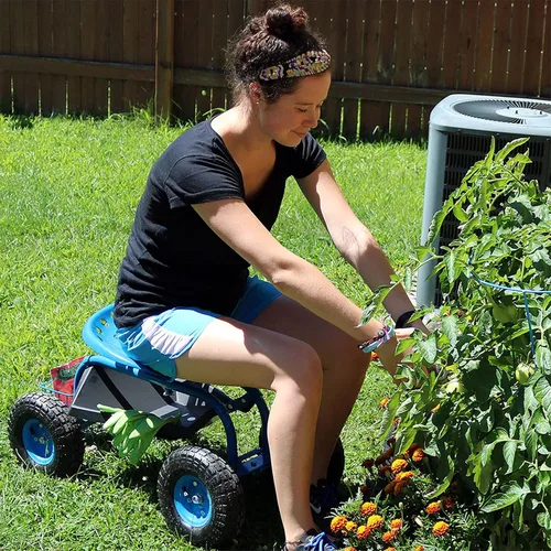 Vista 4 de Sunnydaze Rolling Garden Cart with Swivel Seat, Handle, and Basket