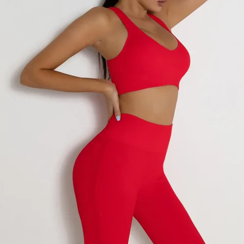 Vista 4 de DADAB Conjuntos de entrenamiento de dos piezas para mujer, ropa de gimnasio, yoga, sin costuras, espalda cruzada, brasier deportivo con pantalones