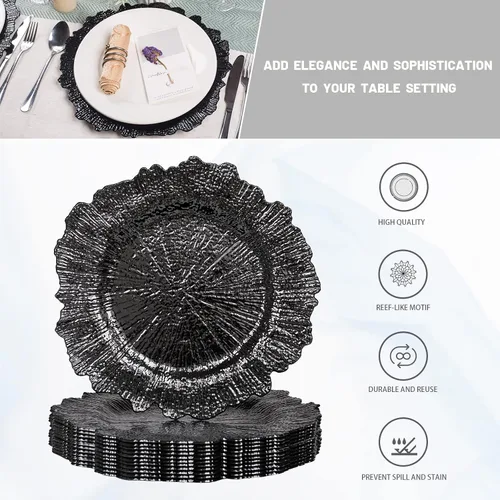Vista 6 de MAONAME platos de carga negros de 13", platos base redondos de arrecife para platos de cena, platos de carga de plástico para decoración de mesa