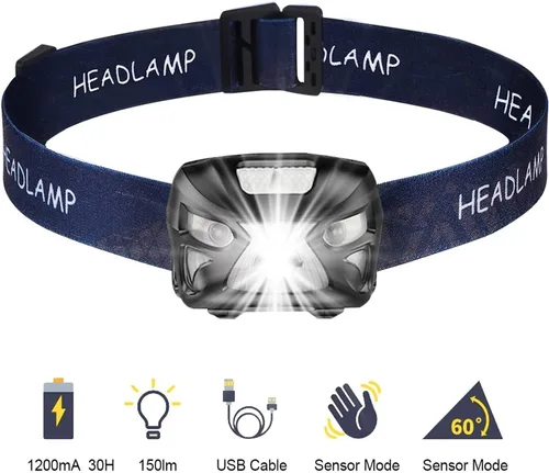 Vista 4 de Linterna frontal LED, faros delanteros recargables por USB con detector de movimiento, 300LM IPX4, luces de trabajo LED impermeables con 8 modos