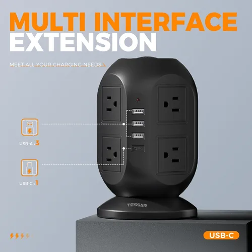 Vista 5 de Regleta de alimentación con protector de sobretensión TESSAN, torre, cable de extensión plano de 10 pies con múltiples tomas, 8 salidas de CA, 4
