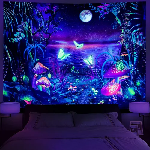 Vista 7 de Serborlur Tapiz de luna de bosque de fantasía, luz negra, reactivo a los rayos UV, mariposa, galaxia, espacial, tapiz para colgar en la pared, telón