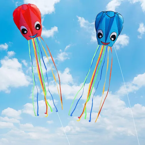 Vista 3 de Paquete de 2 cometas de pulpo grandes sonrientes mejoradas, fáciles de volar, cometas largas y coloridas para niños y adultos, actividades al aire