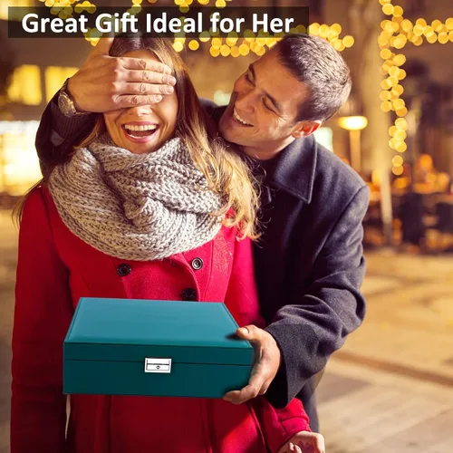 Vista 5 de SIMBOOM Joyero organizador para mujeres y niñas 2 capas de almacenamiento de joyas grande con cerradura organizador de joyas y relojes de cuero