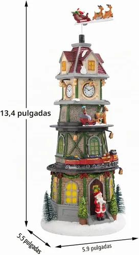 Vista 6 de Casas de Pueblo Navideño Edificios Coleccionables de Navidad Campanario con Luces LED, Pueblo de Vacaciones Navideñas Musical con USB Figuras