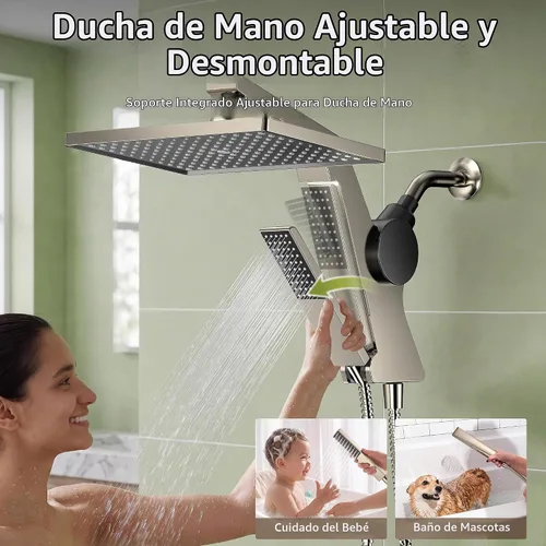 Vista 7 de JDO Cabezal de ducha de lluvia filtrado de 12 pulgadas con spray de mano Níquel cepillado