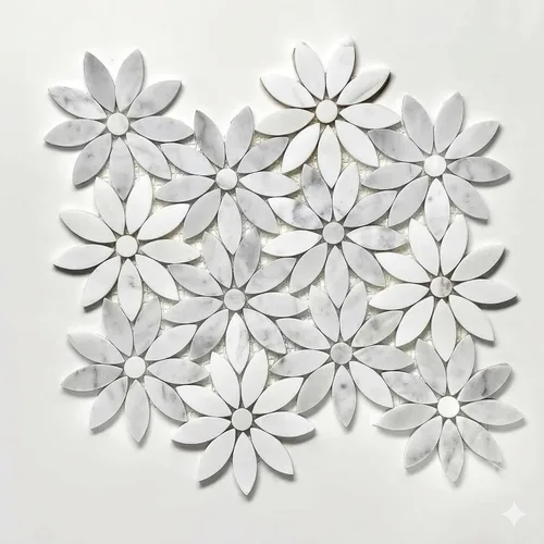 Vista 2 de Tenedos Margarita Flor de 10 x 12 pulgadas - Carrara italiana blanca y gris con mármol Thassos pulido mosaico para cocina, baño, pared o ducha