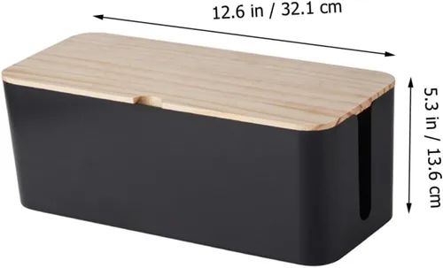 Vista 2 de Cable Storage Box with Natural Wood Lid Medium Black Power Line Organizer Household Wire Storage Case for Charging Cables and Socket Management for