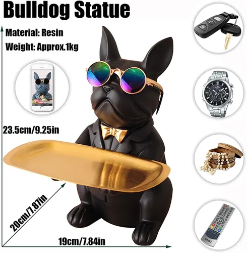 Vista 5 de Resin Bulldog Tray Statue Animal Sculpture Storage Bank Coin Dog French Table Home Candy for Decorations Home Decor Office Cute Butler Statues(Black)
