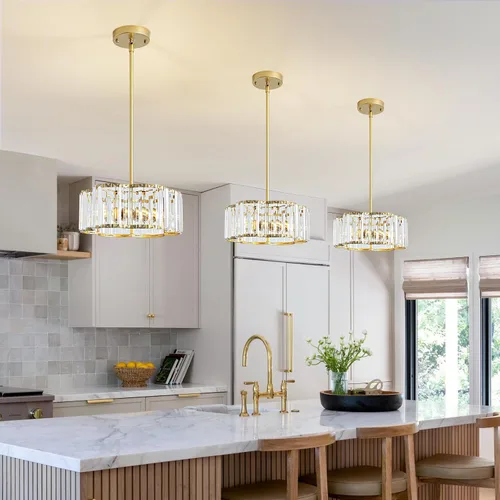 Vista 2 de Candelabro pequeño de cristal dorado, lámpara moderna de 3 luces para comedor sobre la mesa, accesorio de iluminación redondo para pasillo