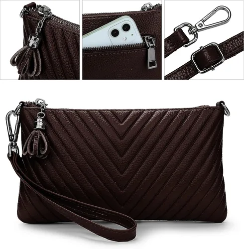 Vista 5 de YALUXE Cartera de cuero real con borla de cheurón grande en V con correa para el hombro