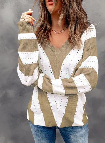 Vista 2 de EVALESS Suéteres para mujer, manga sexy, cuello en V profundo, casual, tejido a rayas