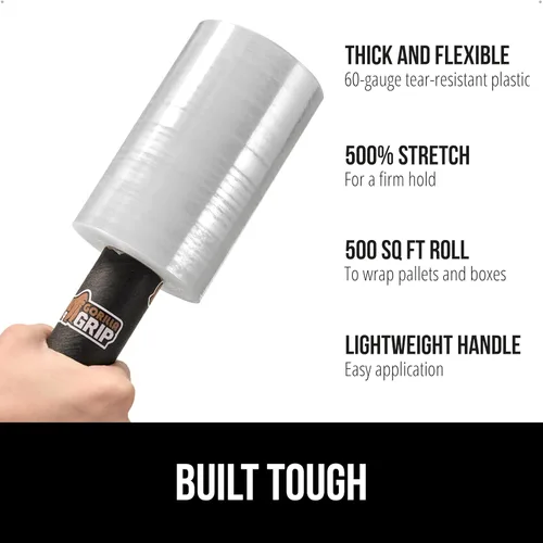 Vista 2 de GORILLA GRIP Rollo de envoltura retráctil 500% con asa, película elástica de plástico de 5 pulgadas y 500 pies, suministros de mudanza