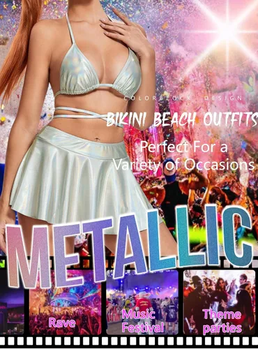 Vista 4 de Trajes de rave para mujer EDC Sexy Festival de Música Metálica Holográfica Bikini Top Bottom Beach Skirt 3 piezas