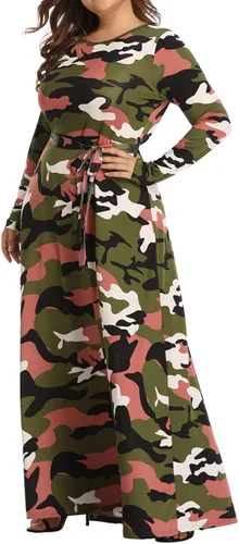 Vista 6 de Vestido largo de camuflaje de talla grande para mujer, vestidos largos estampados de manga larga