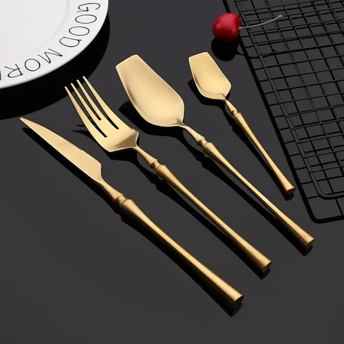 Vista 2 de JASHII Juego de cubiertos mate de 8 piezas de acero inoxidable 304 con acabado satinado con mango de cintura pequeño, juego de cubiertos de servicio