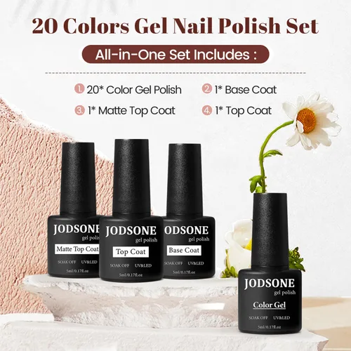 Vista 2 de JODSONE Juego de 23 esmaltes de uñas de gel con base, capa superior brillante y mate, multicolor, de larga duración, adecuado para todas