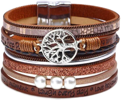 Vista 8 de Fesciory - Pulsera de leopardo para mujer, estilo bohemio de cuero multicapa con perlas de cristal