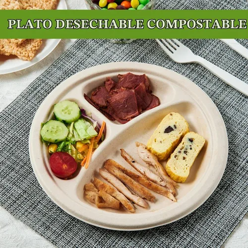Vista 5 de ECOLipak paquete de 125 platos desechables de 3 compartimentos, platos de papel compostables de 10 pulgadas de alta resistencia, hechos de fibras