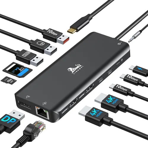 Vista 10 de LIONWEI Docking Station Dual Monitor 4K, 13-in-1 USB C Dock for Laptop Mac 13 en 1 (2 HDMI+DisplayPort)