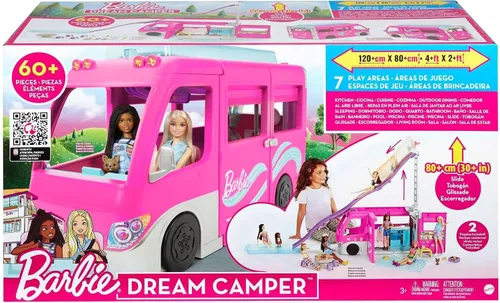 Vista 7 de Barbie Camper, juego de muñeca con 60 accesorios, tobogán de 30 pulgadas y 7 áreas de juego, Dream Camper