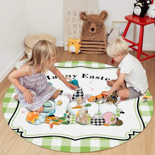 Vista 3 de Alfombra redonda para colección de baño, tapete de área para habitación, tapete de piso de feliz Pascua, lindo gnomo, búfalo, a cuadros, verde