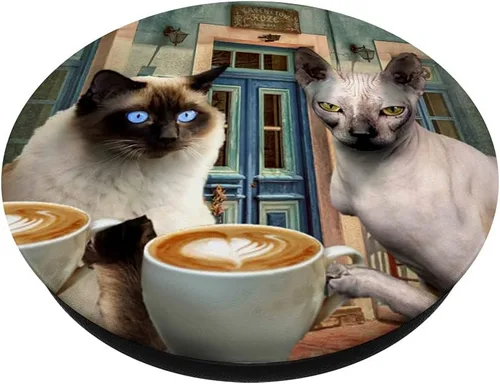 Vista 2 de Gato siamés sin pelo esfinge gatito gatos beber café PopSockets intercambiables PopGrip
