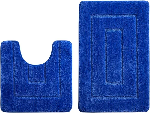 Vista 7 de WPM - Juego de alfombras de baño, toallas y cortina de ducha, juego de alfombras de baño con estampado de enrejado de color azul real